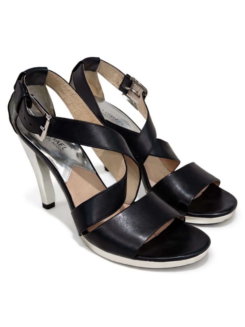 Michael Kors Violet Leather Strappy Platform Heels Black Silver 8.5